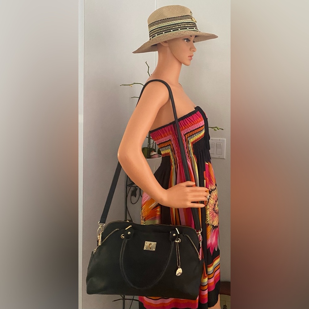 NEW BIG BUDDHA BLACK SATCHEL HANDBAG WITH GOLD ACCENTS